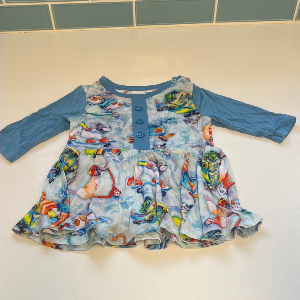 Birdie Bean Colorful dress with dogs on skateboards and scooters size 12-18m